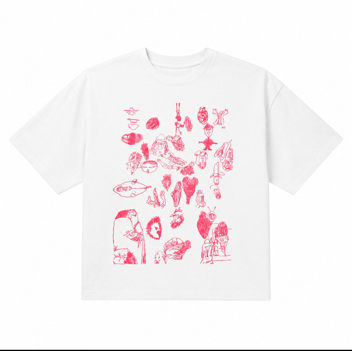 White oversized tee with pink hand-drawn illustration collage